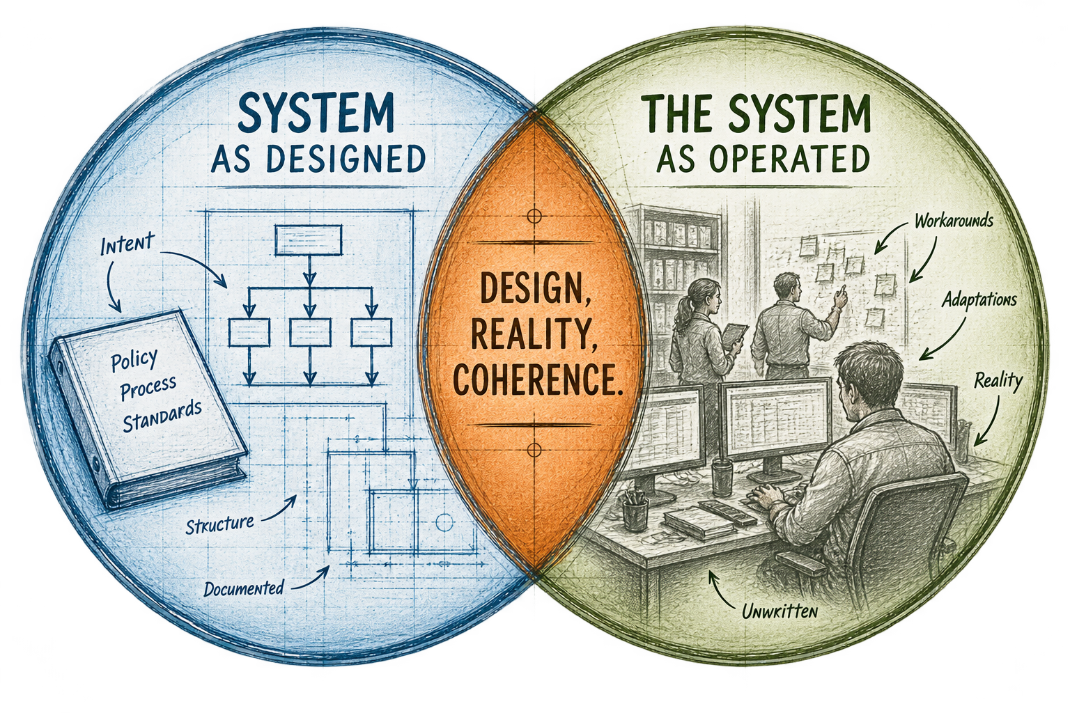 The System as Designed and The System as Operated overlap at design, reality, and coherence